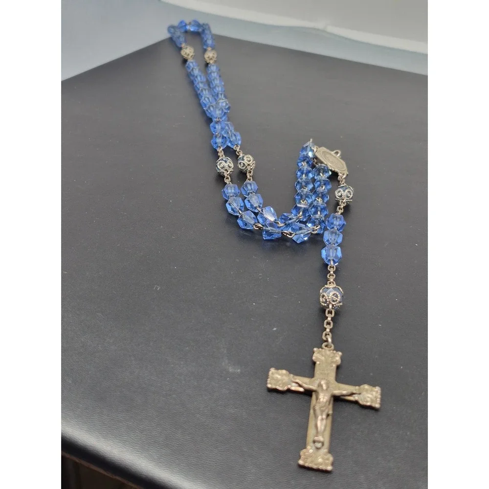 Vintage Rosary Blue Crystal Beads Sterling Silver Crucifix Centerpiece